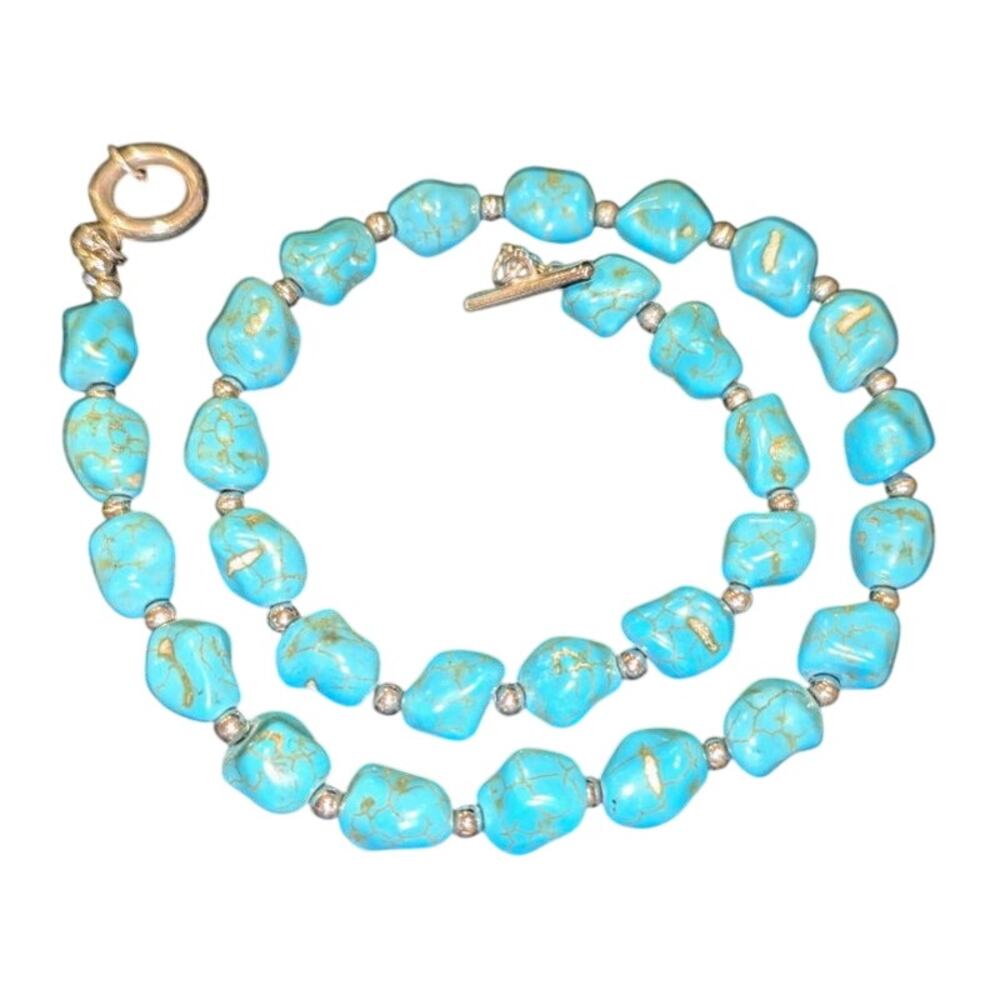 Howlite Turquoise Nugget Necklace Silver Tone Beads Toggle Clasp 17 in VTG